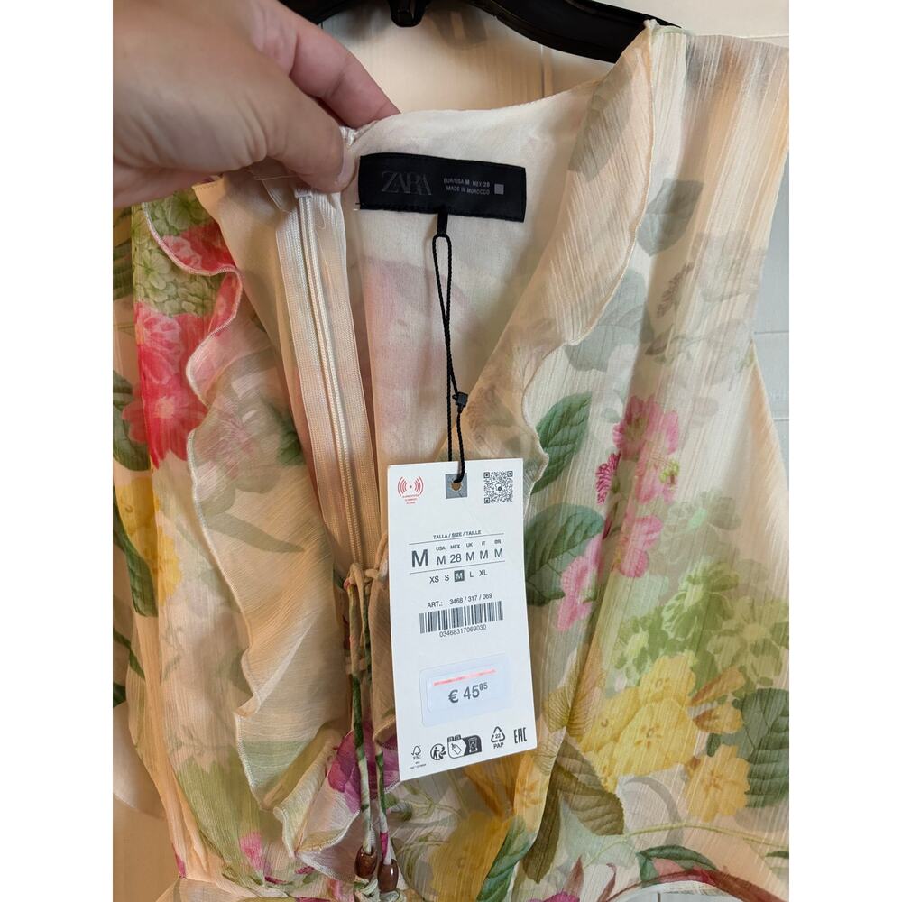Zara Floral Print Cut-out Dress Ruffle Lace Up V Neck Slit Maxi Sleeveless M NWT - Picture 6 of 6